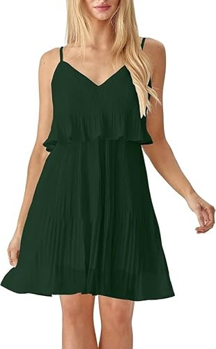MAYFASEY Women's Summer Dress Spaghetti Strap V Neck Swing Sundress Pleated Flowy Chiffon Dresses, Green, S