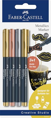 FABER-CASTELL - Metallics Marker Set, 4 Farben, 1,5 mm Strichstärke | Für viele Oberflächen geeignet, mit Metalliceffekt in Gold, Silber und Bronze