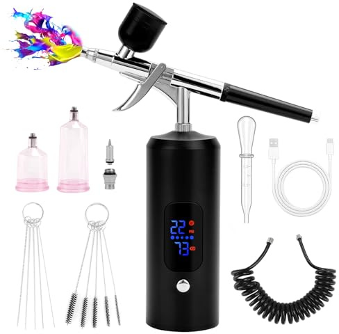 BriSunshine Kit Aerógrafo Inalámbrico 38PSI Ajustable con Compresor, Recargable, Pantalla LCD, Manguera Extensión, Ideal para Peinado, Nail Art, Decoración Pasteles, Maquillaje