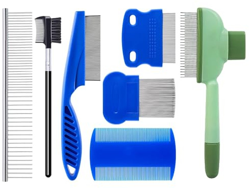 deegbbyi 7 Pieces Flohkamm Set, Profi Haustier Kamm, Selbstreinigung Hunde Katzen Bürste, Läusekamm, Staubkamm, Tränenfleckentferner Kamm, Mehrzweck Werkzeug, für Hunde, Katzen