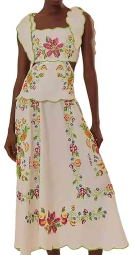 Women's Sleeveless Square Neck Backless Bow Suspender Dress, Floral Embroidery Dress, Long Skirt (Small,White)