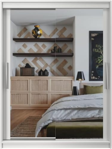 Easy4You White Series Full Mirror 180 cm Sliding Door Wardrobe Widths 100/120/150/180/200 cm Furniture for Bedroom Living Room Wardrobe with Hanging Rail