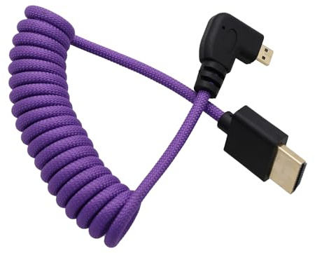 HangTon Cable micro HDMI a HDMI 8K en ángulo recto para ATOMOS Ninja V Shinobi, Sony ZV-E10 A7C A7R4 A6700, Canon R6II R5C R10, Lumix S5 S9 G100, Fujifilm X-T50, trenzado morado en espiral, 30 cm