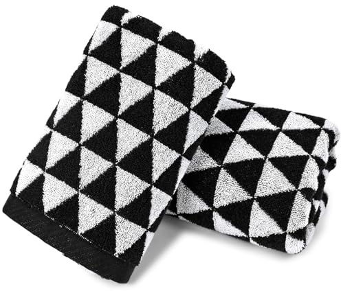 Jacquotha Black Hand Towels for Bathroom & Kitchen (Geometric Triangle) | 2 Pack Cotton Quick Dry Towels for Hand Face Hair 13x29 Inches, Modern & Farmhouse