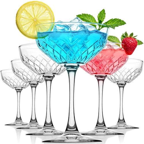 RACOBOT Coupe Glasses Set of 6, Diamond Style Classic Crystal Glass Martini Glasses, Clear Hand Blown Cocktail Glasses for Drink, Martini, Espresso Martini, Home Bar
