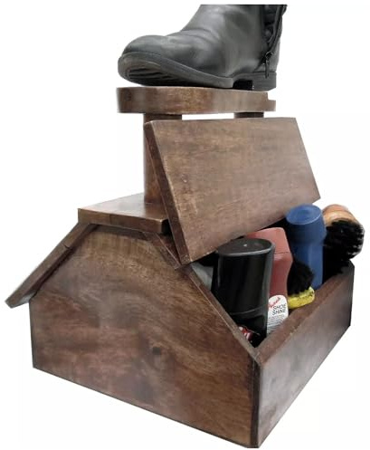 Fyne-Finds Brown Shoe Shine Cabinet with Handle Solid Mango Wood Lidded Storage Shoe Polish Box