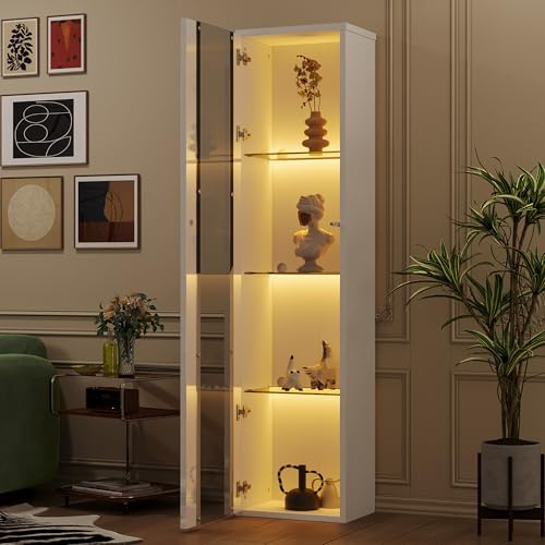 OKMYHOME Vitrine – Sammlervitrine – LED zum Wechseln – Fernbedienung/App – PB und Glas – 40 x 29 x 170 cm – Weiß