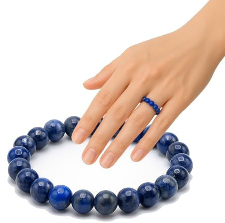 PURAJA Bague en pierre naturelle véritable: Lapis-Lazuli | Anneau anti-stress élastique | Bague à perles de 3 mm en minéraux de haute qualité