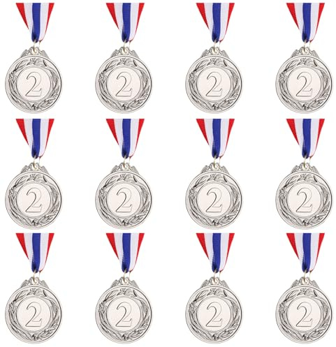 Simpeak 12 Pcs Medallas de Metal de Plata, Medallas de Aleación con Cintas para Niños y Adultos, Premios Ideal para Competiciones Deportivas, Futbol Fiesta, Día del Deporte y Eventos Escolares