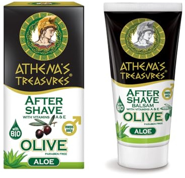Athena's Treasures - Balsamo After Shave con oliva e aloe, olio d'oliva biologico, vitamina A ed E, senza parabeni, per uomini, 50 ml