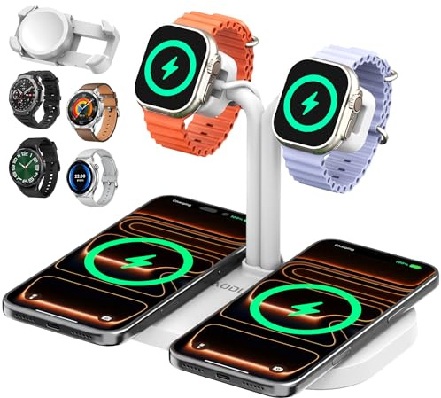 AODUKE 4 in 1 Dual Phone Wireless Charging Dock and Dual Watch Charger Stand for iPhone 17/16/15/14/12, for AirPods/Buds, for Samsung S25-S21 for iWatch/Galaxy/Pixel/Fitbit(422-W)