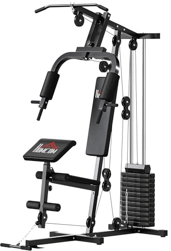 HOMCOM Multifunktionales Krafttrainingsgerät mit 65-kg-Gewichtstürmchen, Doppelzug, Bankdrückstation, Butterfly, Bizeps-Plattform und Beinpresse, schwarz