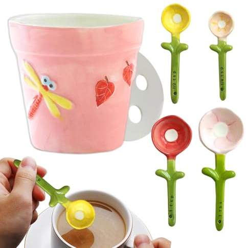 Dosierlöffel – Set mit dekorativen Gadgets aus Blumenkeramik | Löffel und Messbecher aus – zum Kochen Backen Kaffee Gerichte Küche Haus Innen