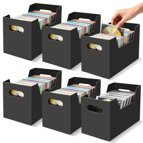 CASMIGC Confezione da 6 Scatole Porta CD in Cartoncino con Manico, Dimensioni 28x14.5cm, Contenitore Portaoggetti per 28 CD/DVD, Scatole Organizer per DVD, Cassette e Nastri, Nero