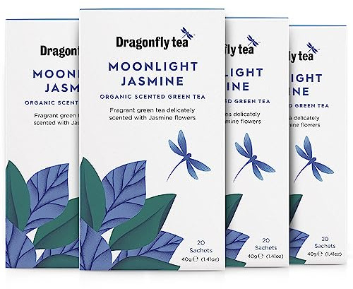 Dragonfly Moonlight Jasmine Green Tea, 80 Teabags (4 x 20) Organic, Fragrant Fine Green Tea Bags, Compostable