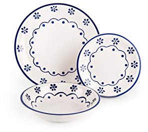 Excelsa Old Cottage Servizio Piatti 18 Pezzi, Ceramica, Bianco e Blu
