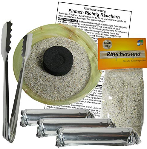 Räuchern 7-TLG Räucher-Starter. 30 Tabs Räucherkohle + Räucherzange + 10cm Onyx Naturstein-Räucherschale + Räuchersand + Räucheranleitung. 81002