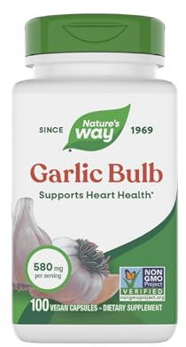 Nature's Way Garlic Bulb, Supports Heart Health*, Non-GMO Project Verified, 580 mg per Serving, Vegan, 100 Capsules (Packaging May Vary)