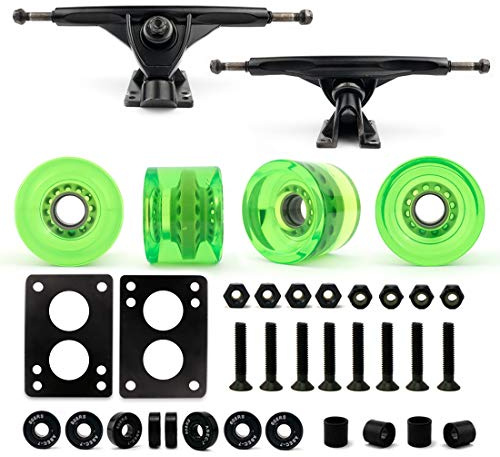 VJ Skateboard Longboard Truck and Wheel, 70mm Long Board Wheels w 7inch 180mm Skateboard Trucks (Black) Longboard Bearings Longboard Hardware Skateboard Riser Pads (Gel Green)