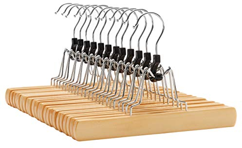 SONGMICS Hosenspanner, 12 Stück, Kleiderbügel aus Holz, Hosenbügel, rutschfest, verchromter Haken, um 360 Grad drehbar, Natur CRW007-12