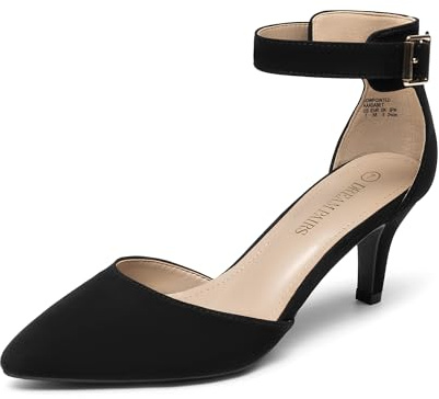 DREAM PAIRS Womens Court Shoes Pointed Toe Low Kitten Heel Ladies Pumps Ankle Strap Dress Sandals Lowpointed Black Nubuck Size 7 US/ 5 UK
