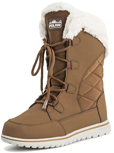Polar Boot Womens Quilted Outdoor Cuff Snow Duck Waterproof Lace Up Faux Fur Boots, Tan Nylon, 6 UK