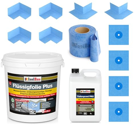 Isolbau Komplett-Dichtset - Inkl. 1x Flüssigfolie PLUS (25 kg), 1x Tiefengrund PRO (5L), 1x Dichtband (25 m), 4x Innenecken, 2x Außenecken & 4x Manschetten