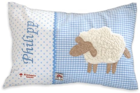 Glückspilz Namenskissen personalisiert, Babykissen mit Namen Bestickt, Schaf, Hell-Blau, 30 x 45 cm