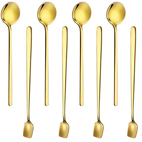 Paquete de 8 cucharas de café y cuchara de mango largo para sacudir, acero inoxidable, color dorado, para café, azúcar, postre, helado, sopa, antipasto y capuchino, aperitivo, mezcla, batido, cóctel