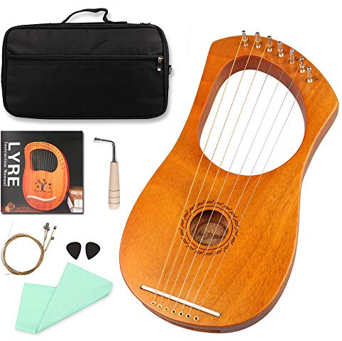 Mr.Power Lyre Harp Antiker Griechenland Stil 7 Metallsaiten Lyra mit Stimmschlüssel, extra Saitensatz und Gigbag (7 Saiten, Naturholz)