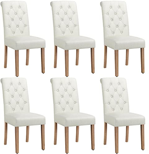 Yaheetech Set 6 Sedie Imbottite Sala da Pranzo con Schienale Alto Sedia da Cucina Gambe in Legno Sedie Eleganti Massello con Bottoni per Soggiorno Camera da Letto Beige/Tessuto