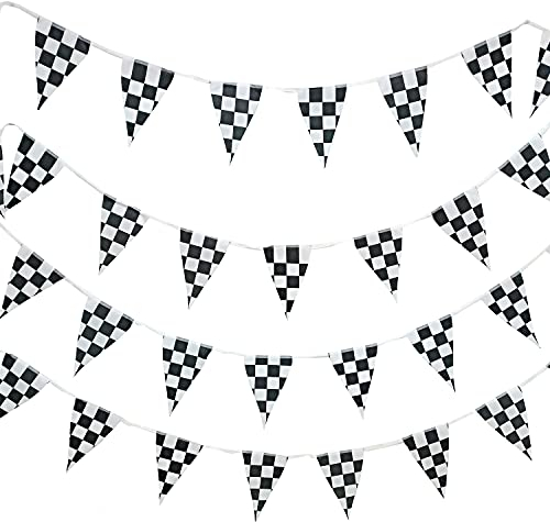 DBOO 10 Meters Cloth Checkered Pennant Banner Racing Flag Banner Party Accessory for Race Theme Birthday Party Decoration,black and white bunting