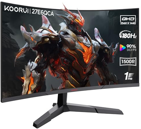 KOORUI QHD Curved 27 Inch Monitor, 1440P Gaming Monitor, 180Hz, 1ms, 1500R | Adaptive Sync, DCI-P3 90%, DP/HDMI, Game Mode, Eye Protection, Rocker Button 27E6QCA