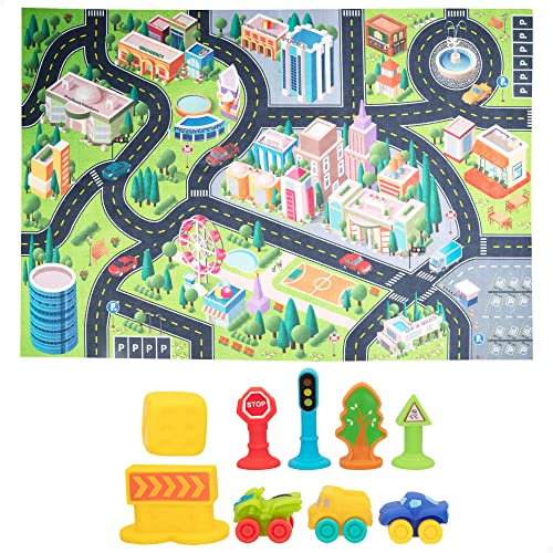 ColorBaby 49639 - Alfombra circuito coches infantil, tapete de juegos / Alfombras de juegos infantiles, alfombra para niños / Juguetes para niños, incluye accesorios blandos