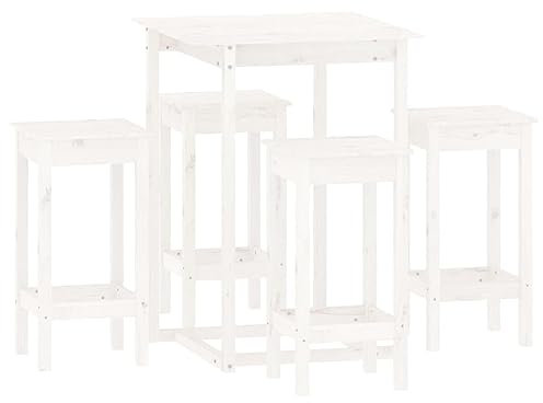 vidaXL 5-TLG. Bar-Set Weiß Massivholz Kiefer, Bistro-Set, Bartisch und Stühle, Barstuhl Holz, Möbel-Set, Barhocker Holz, Barstuhl Massivholz