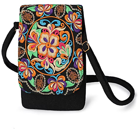 Mini-Handytasche für Damen.Boho-Ethno-Schultertasche.Hippie Crossbody Hobo Handtasche-Verstellbarer Riemen.Mit Blumen Bestickte Vintage-Münzengeldbörse für Mädchen