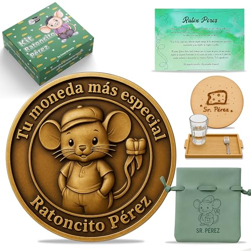 GD Great Dreams GreatDreams® Moneda del Ratoncito Pérez con Vajilla en Miniatura e Historia Secreta del Ratón Pérez