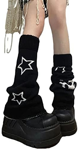 heyheyshine Y2k Star Skull Print Two Side Wear Knitted Leg Warmers Socks Punk Girls Japanese Kawaii Streetwear Leg Cover (Skull Star Flared, One Size)