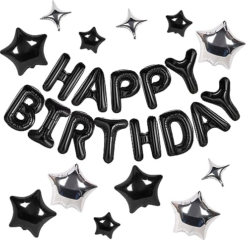 CANREVEL Happy Birthday Banner 13pcs 16 Inch Mylar Foil Letters with 12pcs Star Balloons Birthday Party Decorations - 3D Black