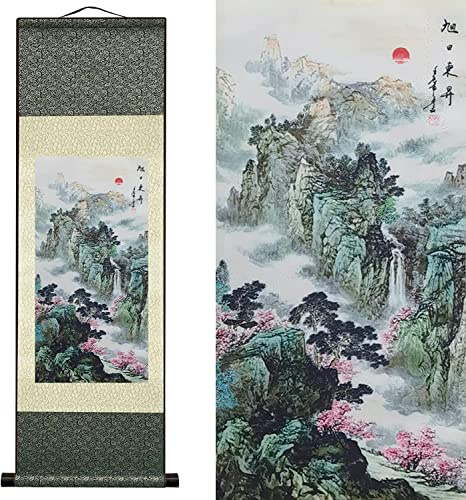Chinesische Wandbehang, chinesische Wandkunst, Rollbild, japanische Schriftrolle, Landschaftsmalerei, Rollbild for Aufhängen, Kunstseide, Rollbild, asiatische Wanddekoration, Wasserfall, Fluss, Landsc