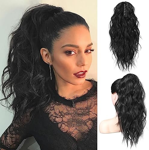 FLUFYMOOZ Ponytail Extension, 18 Inch Claw Clip Ponytail Extension, Wavy Curly Claw Clip in Ponytail Hair Extensions, Natural Fake Ponytail Synthetic Hairpiece for Women (Natural Black)