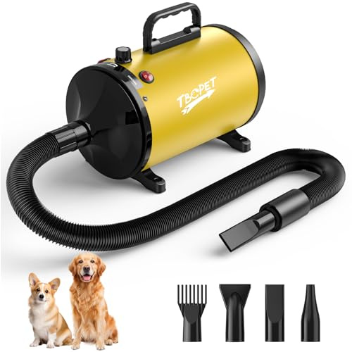 Dog Dryer High Velocity Dog Hair Dryer 5.2HP/2800W, Stepless Adjustable Speed Temperature Dogs Grooming Blaster Dryer, Pet Dryer with 4 Nozzles,Blow Dryer for Dogs(Yellow)