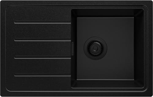 PRIMAGRAN Fregadero Cocina Todo Negro 70x44cm, Granito 1 Seno + Sifón, Sobre Encimera al Mueble 45cm - Copenhague Easy S041