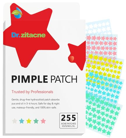 Parches Granos, Pimple Patches, 255 uds 5 colores y 5 tamaños(8,10,12,14,16 mm), Acne Patch Hidrocoloides Pegatinas Granos Cara, Estrellas Para Granos, árbol de té, ácido Salicílico, Centella Asiática