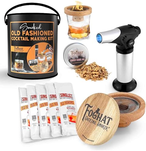 Man Can Old Fashioned Cocktail Smoker Kit - Create Your Own Smoke Infused Whiskey Old Fashioned - Foghat Drink Smoker, Culinary Butane Torch with 60ml Refill, Smoking Chips & Cocktail Mix