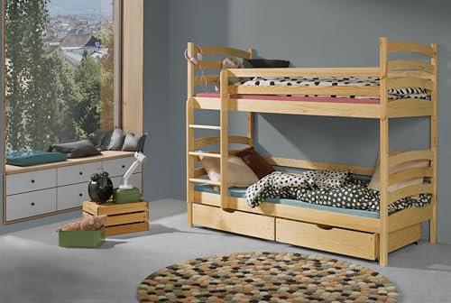 KEF Kaja Etagenbett Kinder 80x180 cm - Holz Kinderbett - für Zwei Kinder - Holzbett mit Schubladen - Massivholz Kinder Bett mit Lattenrost - Kiefer - ohne Matratze - Leiter Universal