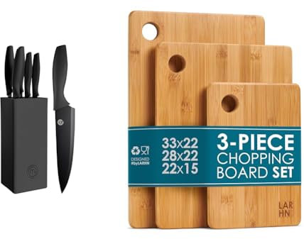 MasterChef Knife Set with Block, 5 Kitchen Knives with Sharp Stainless Steel Blades & Premium Extra-Thick Wooden Chopping Boards - 3 Piece Bamboo Chopping Board Set - 33x22cm / 28x22cm / 22x15cm