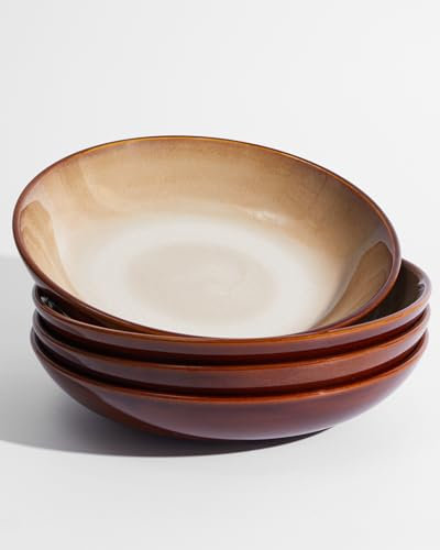 Pokini Ceramic 32 Oz Pasta Bowls, 8.75 Inch Reactive Glaze Pasta Bowl Set of 4, Microwave & Dishwasher Safe, Large Wide Serving Bowls for Salad, Dessert, Soup, Fruit, Brown and Yellow