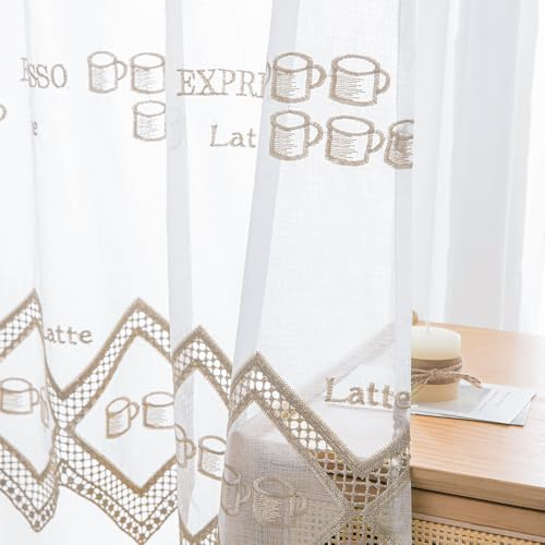 Daliena Scheibengardine Küche Kaffeemotive Bestickte Bistrogardine Gardine mit Lochleiste Küchen Vorhang, Kleine Fenstergardinen Durchsichtig für Wohnzimmer Cafés Stores Sand (BxH 120x80cm) 1 stück