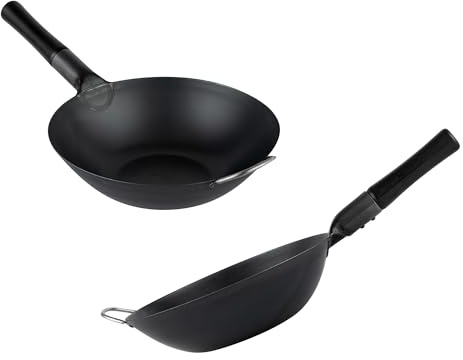 Restaurantware - Motomori - Wok de acero al carbono presazonado de 12 pulgadas, 1 wok japonés tradicional, parte inferior plana, mango de madera, sartén tradicional de acero al carbono negro, con